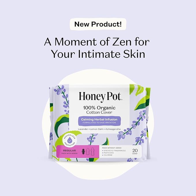 The Honey Pot Company - Calming - Regular Pads for Women | 100% Organic Cotton Cover - Calming Herbs of Lavender, Ashwagandha, & Lemon Balm - Pads w/Wings - Feminine Care - 20ct