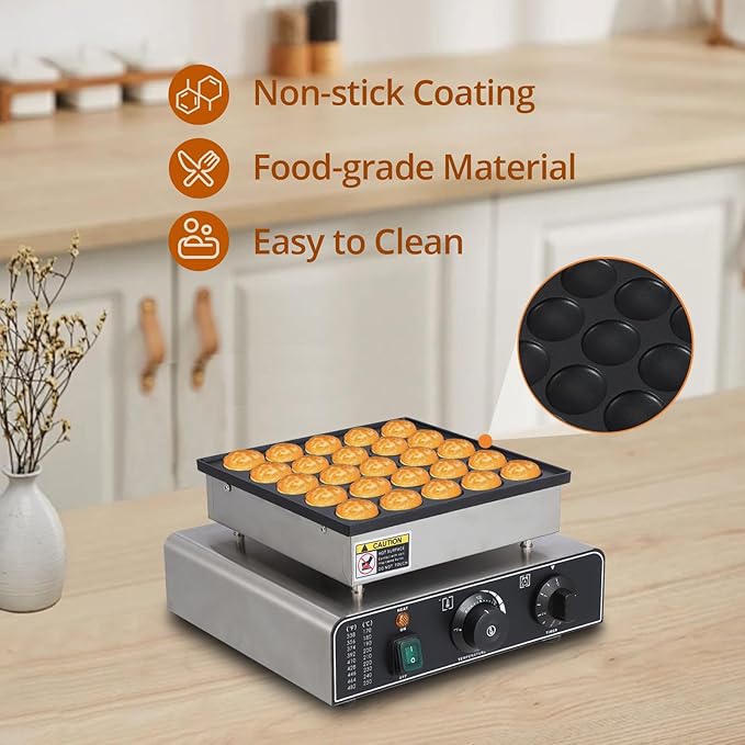 Mini Muffin Maker, 25 Hole/25 Heart, Stainless Steel, Electric, Non-Stick, 50-300C, Time Control, Silver, 850W, 110V