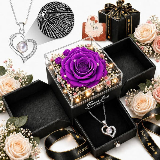 Forever Love Preserved Real Rose with Heart Necklace, Mothers Day Gifts for Mom, Wife, Anniversary Birthday Gifts for Women – Projects “I Love You” in 100 Languages