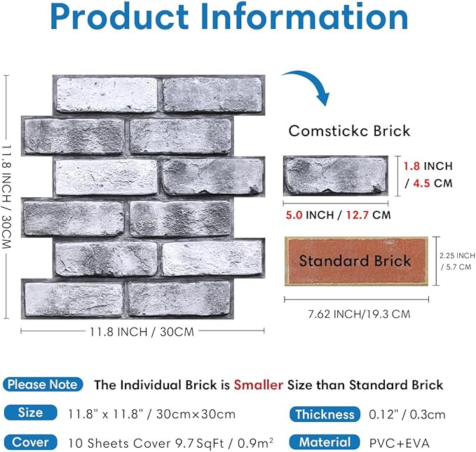 COMSTICKC 3D Faux Brick Wall Panel Peel and Stick, 10 Pcs of 12"X12", Small Size, Ultra-Light PVC Fake Brick Decorative Tiles Backsplash, Paintable, Not Real Brick (Gray -2)