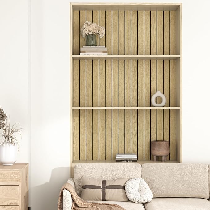 Wallercity 3D Wood Brown Wall Panels Peel and Stick Faux Wood Slat Decorative Wall Panels for Ceiling Self Adhesive Woodgrain Soundproof Foam Walls Paneling for Bedroom Counter Door Decor 11.7"x118"