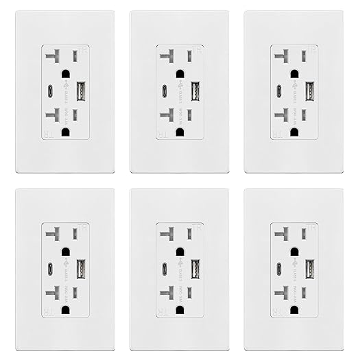 TOPGREENER USB Outlet, Type C & Type A USB Wall Outlet, 20 Amp Tamper-Resistant Receptacle, Charging Power Outlet with USB Ports, Wall Plate Included, UL Listed, TU22036AC-W-6PCS, White, 6 Pack