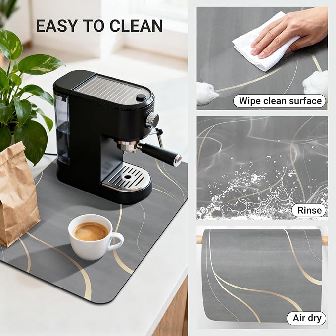Coffee Mat 24x16 Inch, Irregular Gray Streamline Coffee Pot Mat, Absorbent Hide Stain Rubber Backed Dish Drying Mat for Kitchen Counter, Mat for Countertops, Under Coffee Machine Bar Espresso Staion
