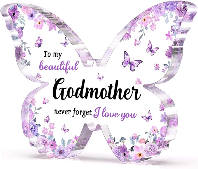 Godmother Gifts, Unique Purple Butterfly Acrylic Plaque Desk Decor, Mothers Day Christmas Birthday Gift for God Mother God Mom, Godmother Proposal Gifts - 5 x 3.8 x 0.5 inches