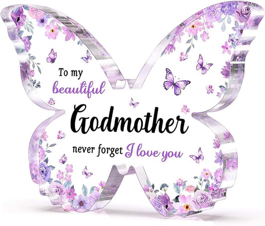 Godmother Gifts, Unique Purple Butterfly Acrylic Plaque Desk Decor, Mothers Day Christmas Birthday Gift for God Mother God Mom, Godmother Proposal Gifts - 5 x 3.8 x 0.5 inches