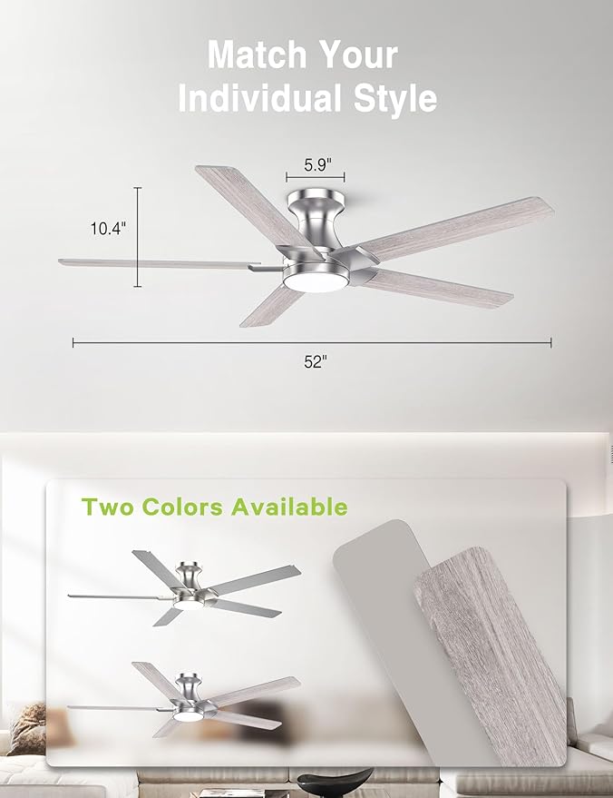 DAMINY 52 inch Nickel Ceiling Fans with Lights,5 Blades,6CCT, Low Profile,Remote Control,for Bedroom, Kitchen,Living Room,Indoor/Outdoor Use,Flush Mount