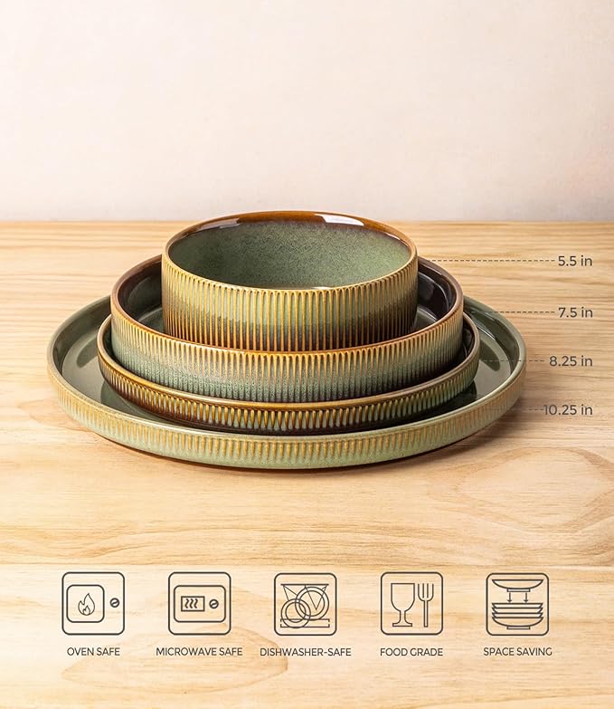 TheTerra Ceramic Dinnerware Sets with Pasta Bowls for 4, 16 Pieces Porcelain Lightweight Plates and Bowls Sets, Scratch Resistant Dish Set, Oven & Microwave & Dishwasher Safe, Sage Umber
