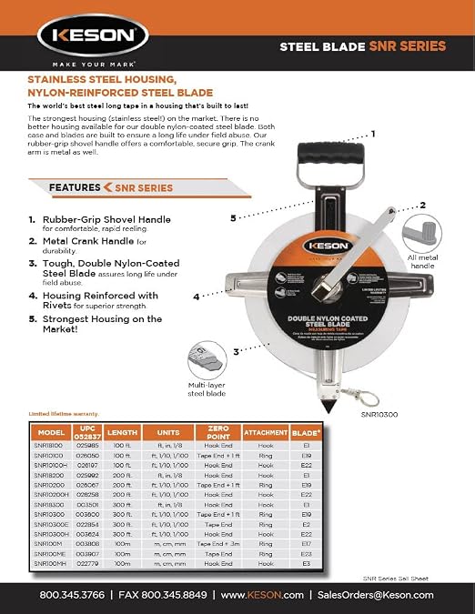 Keson SNR10100H Nylon-Reinforced Steel Blade Tape Measure with Stainless Steel Housing with Hook End (Graduations: ft, 1/10, 1/00), 100-Foot