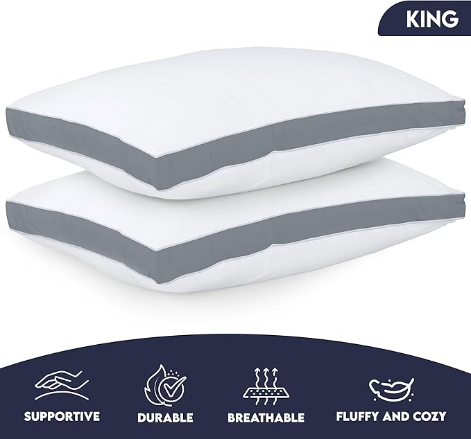Utopia Bedding Bed Pillows for Sleeping King Size (Grey), Set of 2, Soft & Fluffy Pillow with Down Alternative Filling, Cooling, Hotel Quality, Gusseted Pillow for Back, Stomach or Side Sleepers
