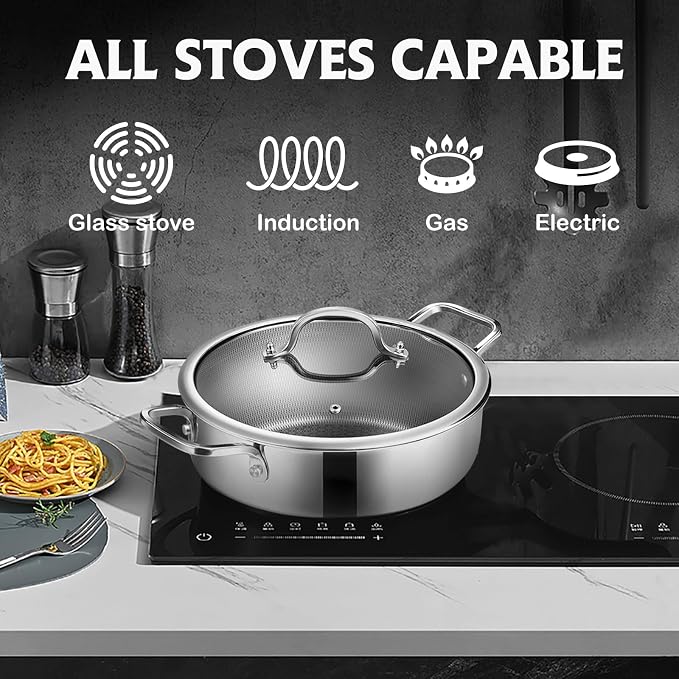 Saute Pan Set,Hybrid Non Stick 5 Quart Everyday Braiser pan,10 inch skillet,8 inch skillet,Chicken Fryer, PFOA Free Cookware,Deep Frying Pans with Lid,Dishwasher and Oven Safe,Works on All Cooktops