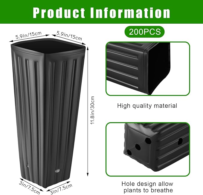 Nuenen 200 Pcs Tall Pot Plastic Deep Plant Nursery Pots Black Seedling Flower Plant Container with Drainage Holes for Indoor Outdoor Gardening (11.8" H X 5.9" W)