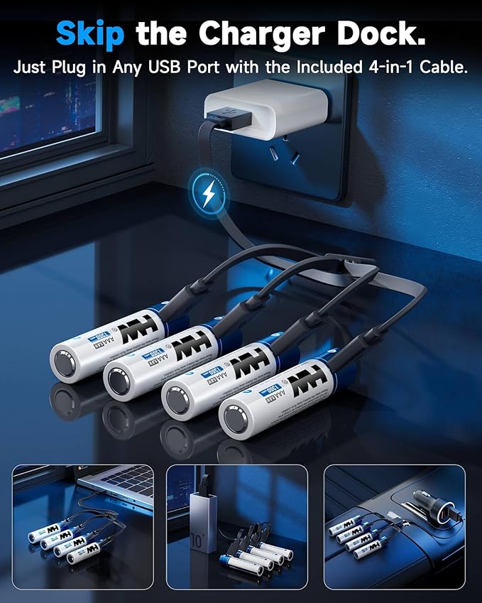 HW USB Rechargeable AAA Batteries, [1.5V, 4-Pack] 1300mWh Lithium Battery with Type C Cable, 1000+ Cycles Triple A Batteries for Remote Controls, Wireless Mouse, LED Flashlights, Electronic Toys, etc.