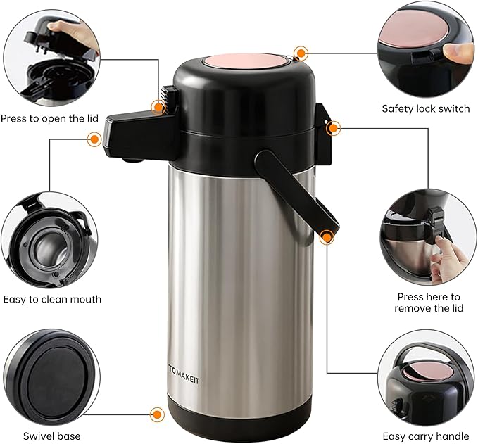 TOMAKEIT Airpot Coffee Carafe for Keeping Hot,102oz/3L Coffee Dispenser Thermal with Pump,Insulated Stainless Steel Hot Beverage Dispenser for Parties,Thermal Carafe for Hot Drinks Water Tea Chocolate