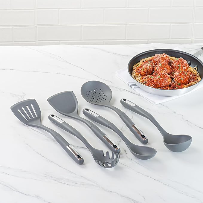 Restaurantware Silicone Utensil Set Pack of 1 Non-Slip Handle 6-Piece Kitchen Tool Set, Heat-Resistant Dishwasher-Friendly Cooking Accessories, Durable Gray Cooking Utensils