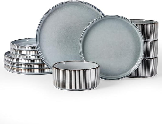 Famiware Star 12-Piece Stoneware Dinnerware Sets for 4, Reactive Glaze Plates and Bowls, Modern Rustic Dishes for Everyday & Formal Use, Chip/Scratch Resistant, Microwave/Dishwasher Safe, Smoky Blue
