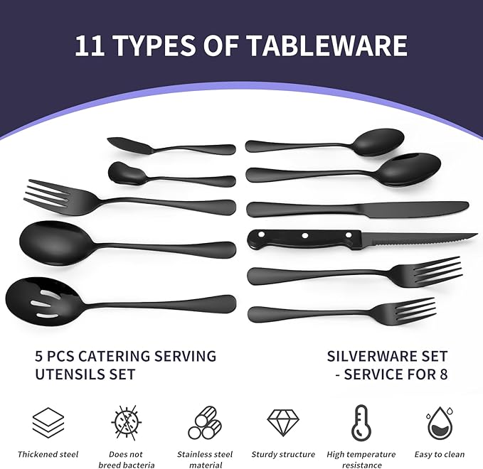 Lazycorner 53 Piece Black Silverware Set for 8, Flatware Set with Steak Knives for 8 and 5 Serving Use Set 18/10 Stainless Steel Serving Utensils Set Cutlery Set For Restaurant Hotel Dishwasher Safe