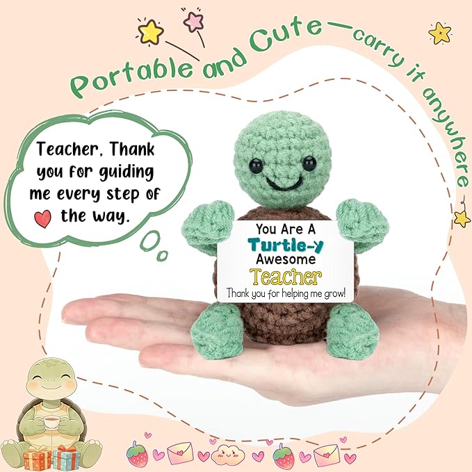 4THFARMES Mini Funny Turtle Teacher Appreciation Gifts for Women Men, End of Year Thank You Teacher Gifts Ideas, Personalized Cool Small Cute Stuff Things, Handmade Emotional Positive Crochet Turtle