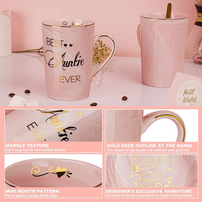 Aunt Gifts for Aunts from Niece - Mothers Day Birthday Gifts for Aunt, 14Oz Pink Marble Ceramic Coffee Mugs Print with Real Gold, Best Aunts Auntie Ever Gift Mug with Lid Spoon Card, Nice Box