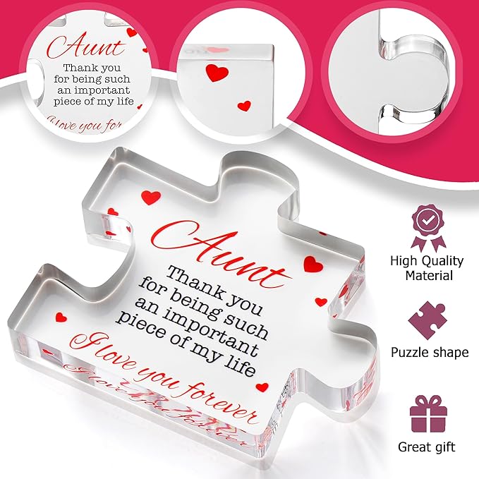 VELENTI Aunt Gifts - Engraved Acrylic Block Puzzle Aunt Gift 3.35 x 2.76 inch - Cute Aunt Birthday Gifts, Auntie Cool Auntie Gifts, Aunt Gifts from Niece, Aunt Gifts from Nephew