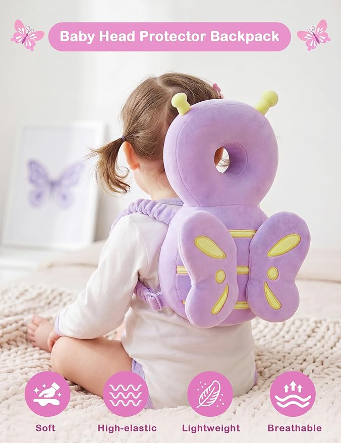 JunNeng Baby Head Protector Backpack, Toddler Walking Fall Head Protection, Purple Butterfly