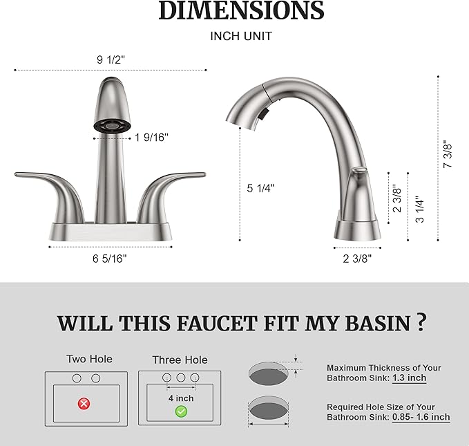 Ultimate Unicorn Pull Down Bathroom Sink Faucet - Anti-Splash Brushed Nickel 4 Inch Centerset Vanity Faucets 3 Hole with Pop Up Drain, Two Handle Modern Washbasin Tap Set with Sprayer for Rv Restroom