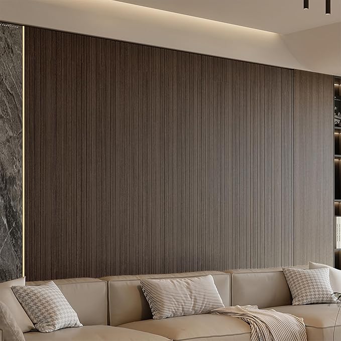 YU LI 3DH Peel and Stick PVC Slat Wall Panel 236"x15.75" Self-Adhesive Thick Faux Smoked Wood Grain Wallpaper Panel 3D Soundproof Wall Panels for Walls & Ceilings