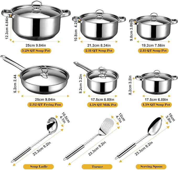 Hunnycook Stainless Steel Cookware Set - 15 Pieces Pots and Pans Set, Includes 6 Pots and Pans, 6 Lids and 3 Utensils, Fixed Handles, Induction Safe and Dishwasher Safe