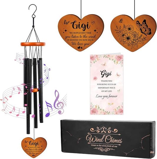Gigi Gifts Wind Chimes for Outside - Metal Windchime with Wooden Pendant, Greeting Card & Black Box - Unique Birthday for Gigi from Grandkids, Garden Hanging Decor