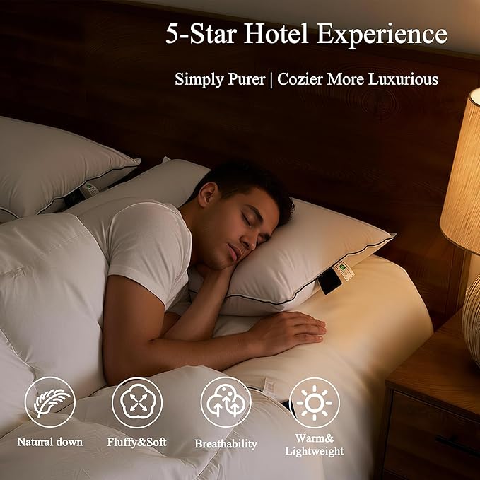 Down Bed Pillows Queen Size, Luxurious Hotel Pillow for Back,Stomach and Side Sleepers,Downproof, Soft, Fluffy, Breathable Cotton Blend Shell,Down Pillow Ideal for Every Night