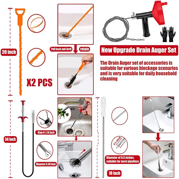Drain Snake Auger 33 Ft, Plumbing Snake Drain Hair Clog Removal Tool, Heavy Duty Snake Auger, Sink Unclogger Drain Cleaner Tool for Bathroom Kitchen Tub Shower Drain Clog Remover with Gloves, Red