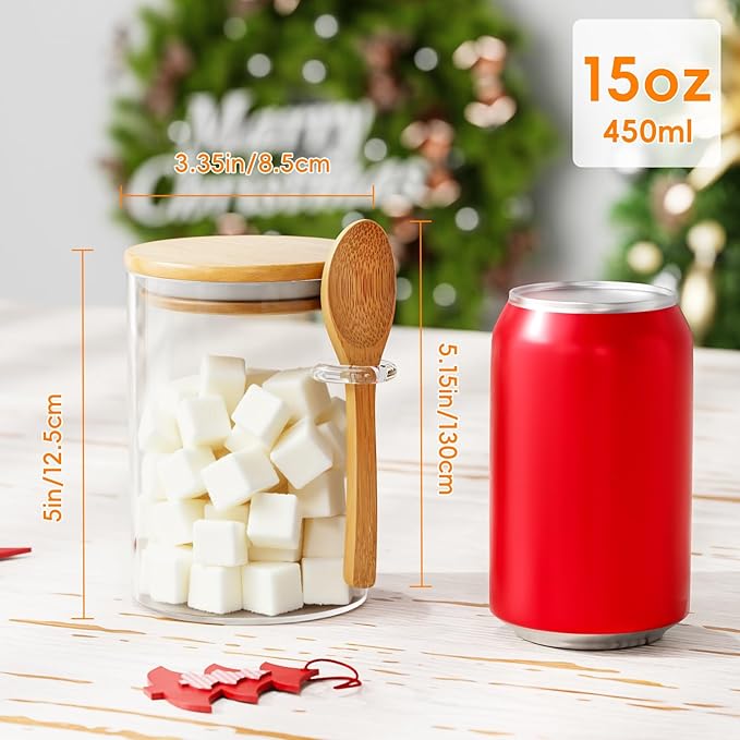 Glass Sugar Container with Spoon - 1 Pack 15oz Glass Jars with Bamboo Lid and Spoon, Bamboo Lid Storage Jar Containers for Coffee Beans, Spice, Brown Sugar, Tea, Flour, Nuts, Candy, Salts and More