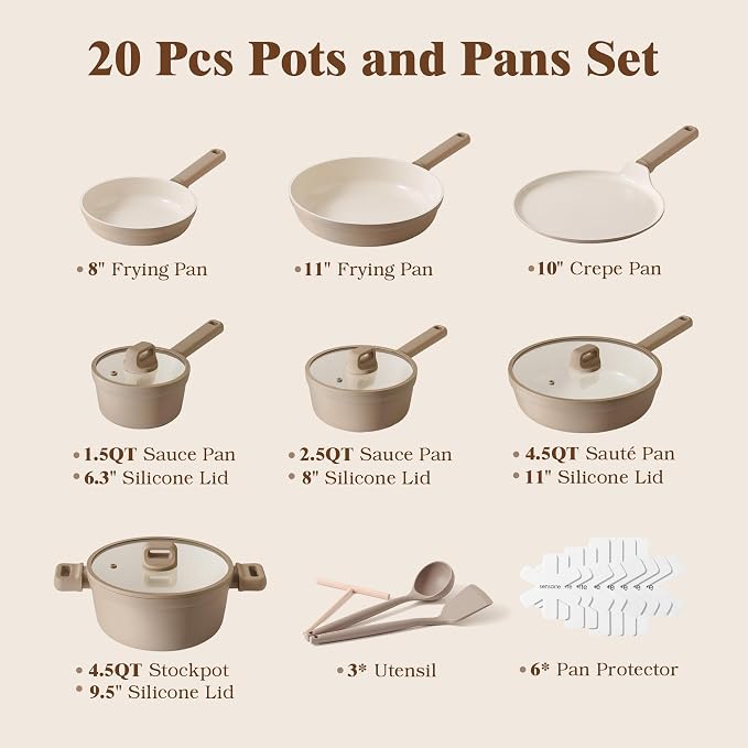 SENSARTE Ceramic Pots and Pans Set Nonstick, 20Pcs Cookware Set, Taupe | Non Stick Ceramic Coating, Non-toxic Healthy Kitchen Cooking Set, Induction Compatible, Dishwasher Safe, PFAS/PTFE/PFOA Free