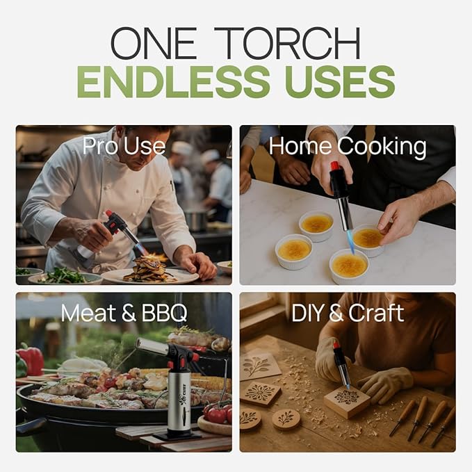 Jo Chef Kitchen Torch with Butane Included – Refillable butane torch Lighter with Safety Lock & Adjustable Flame, Culinary Blow Torch for Cooking, Creme Brulee and Soldering 2 Cans (3.38oz) Included