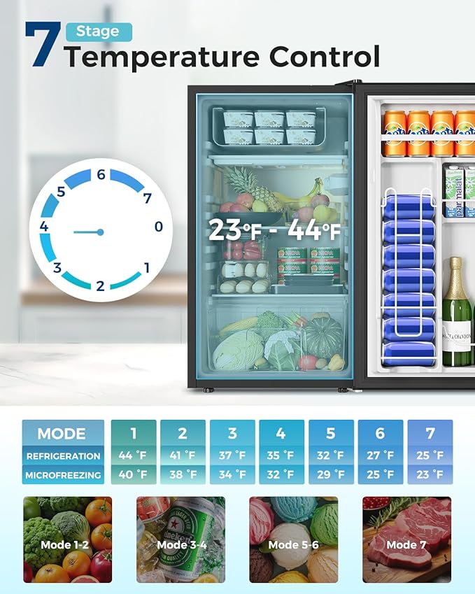 Feelfunn Mini Fridge with Freezer - 3.2 Cu.Ft Single Door Mini Refrigerator with Adjustable Thermostat, Energy Saving, Low Noise, Small Fridge for Bedroom, Office, Dorm, Apartment, Classroom - Black