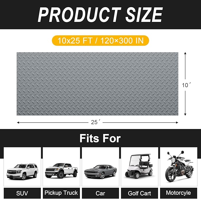 Grandroad auto 10x25 FT Garage Floor Mat, 2.8mm Thickened Flooring Roll for Under Car Diamond Plate PVC Rubber Mat with 20 Pcs Tapes, Non-Slip Floor Mat for Garage, Warehouse, Gyms, Trailer, Gray