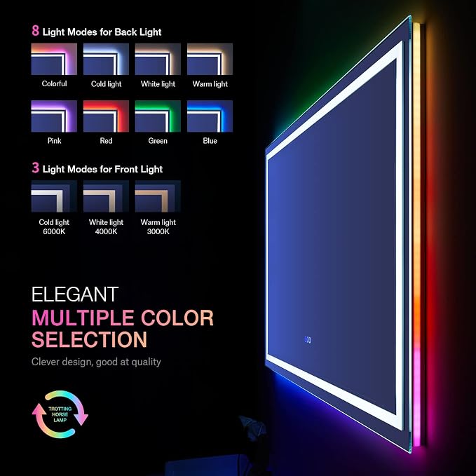LOAAO 60"X30" RGB LED Bathroom Mirror with Lights, Anti-Fog, Dimmable, Lighted Bathroom Vanity Mirror, Multiple Light Modes, RGB Backlit + Front Light, Memory Function, Tempered Glass, ETL Listed
