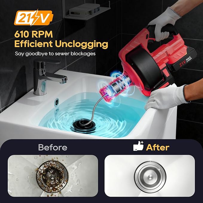 Ublue 21V Cordless Electric Drain Auger, 25Ft Auto Feed Drain Snake for Clog Remover with 2.0Ah Battery, Plumbing Snake for Sink Toilet Bathroom Shower Pipes 3/4"-2.95", Included Bag Gloves Rag