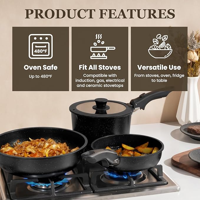 KIKCOIN Nonstick Pots and Pans Set 24 Pack - Kitchen Cookware Set with Detachable/Removable Handle - Cooking Pans Set with Frying Pans, Egg Pan - Stackable, Oven Safe, Induction Ready