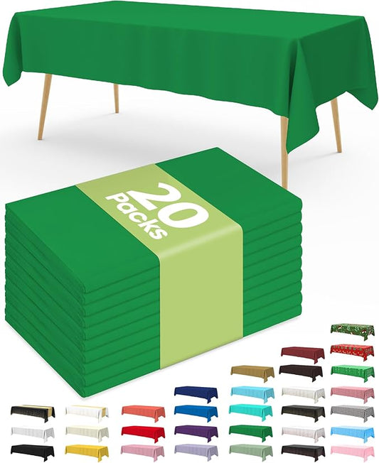 Pureegg Plastic Table Cloth Disposable 20 Pack, 54 x 108 Inch Table Cloths, St Patricks Day, Christmas Decorations, Tablecloths, Rectangle, Forest, Emerald, Plastic Cover, Leakproof & Sturdy, Green