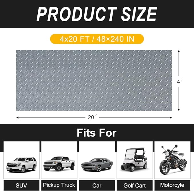 4x20FT Garage Floor Mat, 2.8mm Thickened Flooring Roll for Under Car, Golf Cart Parking Mat, Diamond Plate PVC Rubber Motorcycle Mat, Non-Slip Floor Protector for Garage Warehouse Trailer, Grey