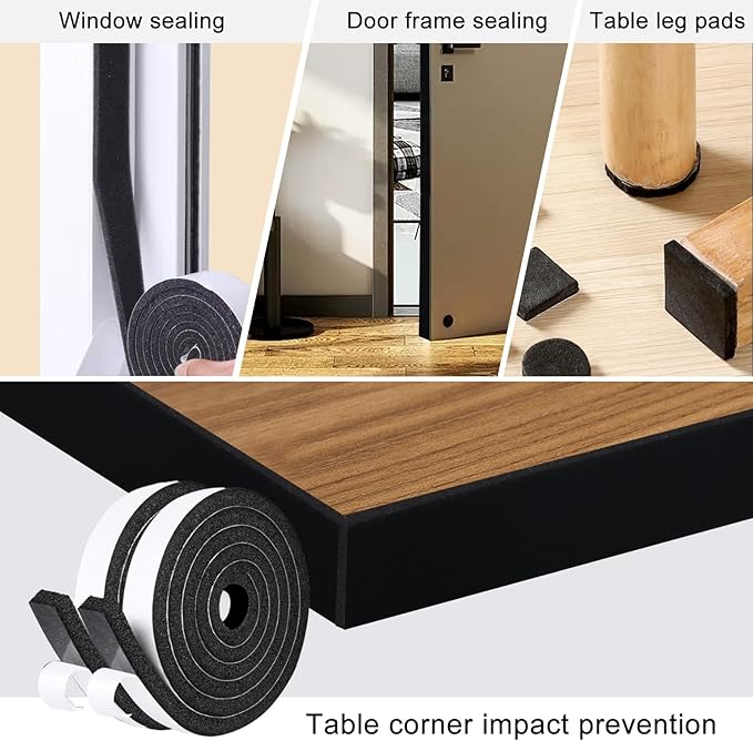 Storystore Weather Stripping Door Seal Strip, 1/2In x 1/2In x 26FT Self Adhesive Foam Tape for Door Window Insulation Soundproofing Weatherstrip, High Density Foam Seal for Doors Windows Furniture