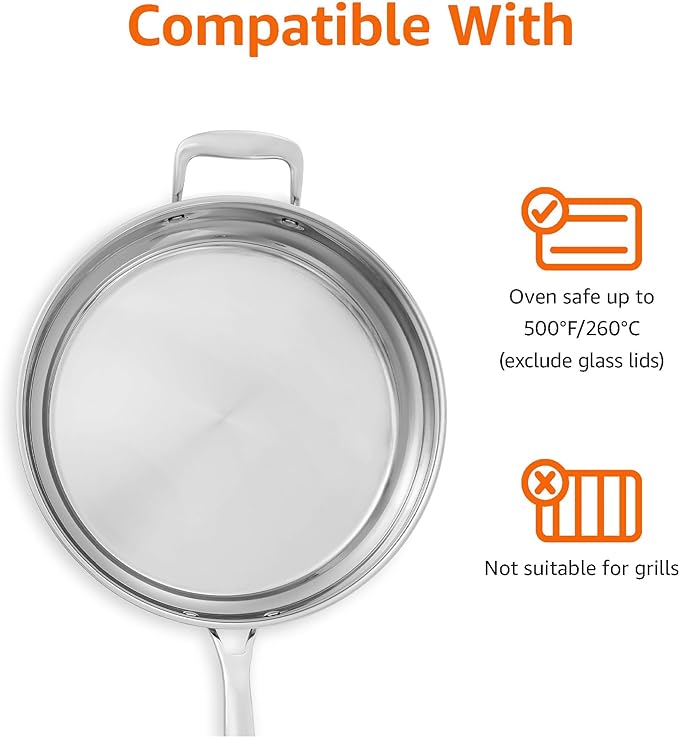 Amazon Basics Stainless Steel Cookware 15-Piece Set, Oven Safe, Induction-Ready, Even Heating, Easy to Clean, Stay-Cool Handles, Pots and Pans, Silver