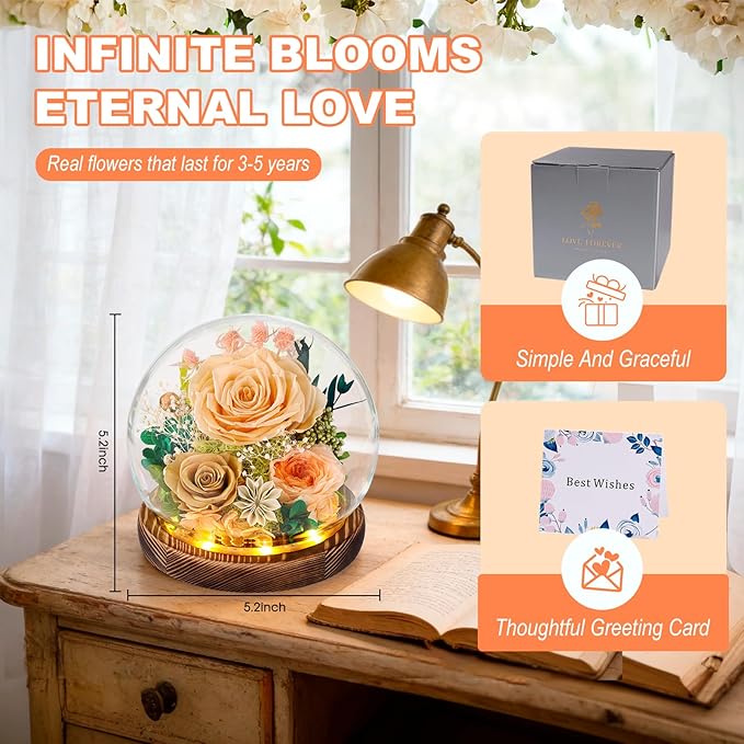 FIACO Gifts for Mom Birthday Gifts for Women Preserved Flowers in Glass Dome Forever Flowers for Delivery Prime Eternal Roses for Grandma Sister Daughter Wife Her Girlfriend, Yellow