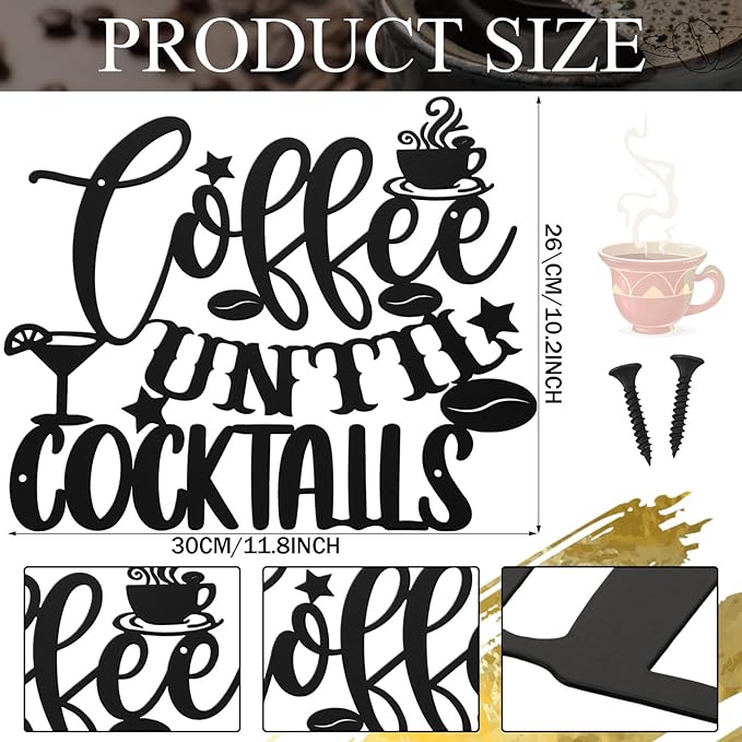 Ferraycle Coffee Bar Decor, 12 x 10.2 Inch Sign for Wall Metal Rustic Hanging Wall Art Vintage Black Cup Letter Sign for Cafe Home Office Kitchen(Coffee Until Cocktails)