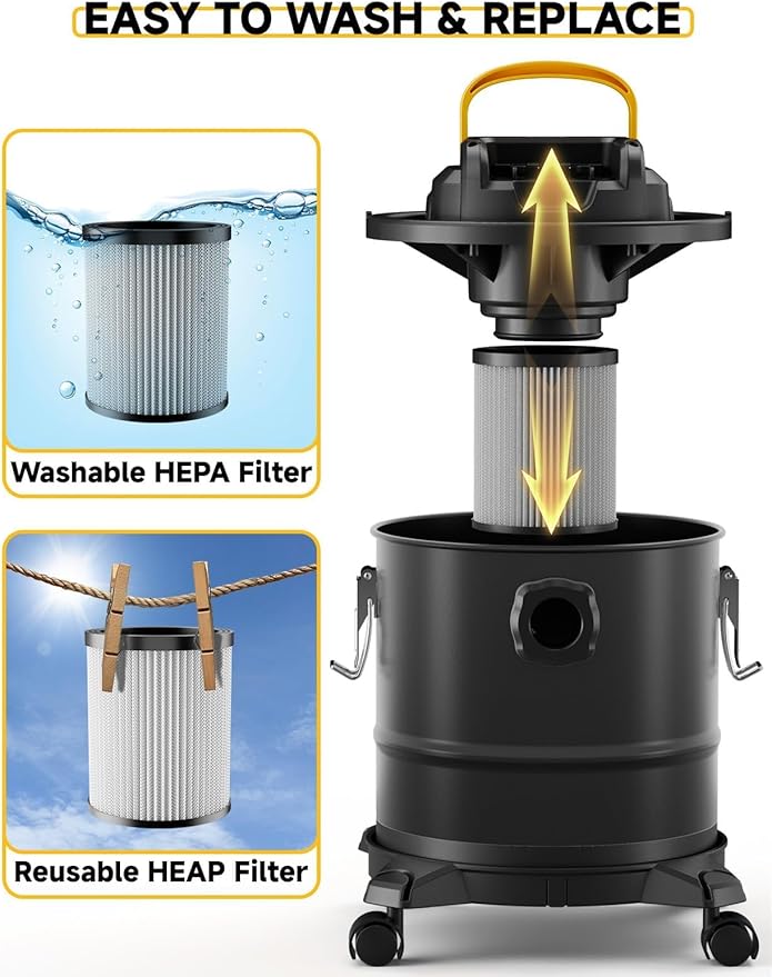 Cordless Ash Vacuum for Pellet Stoves, for DEWALT 20V Max Battery, Pellet Stove Vacuum Cleaner with 2 HEPA Filters, Powerful Suction, 4 Gallons & 4 Wheels, 38" Hose for Wood Fireplaces, BBQ Grills