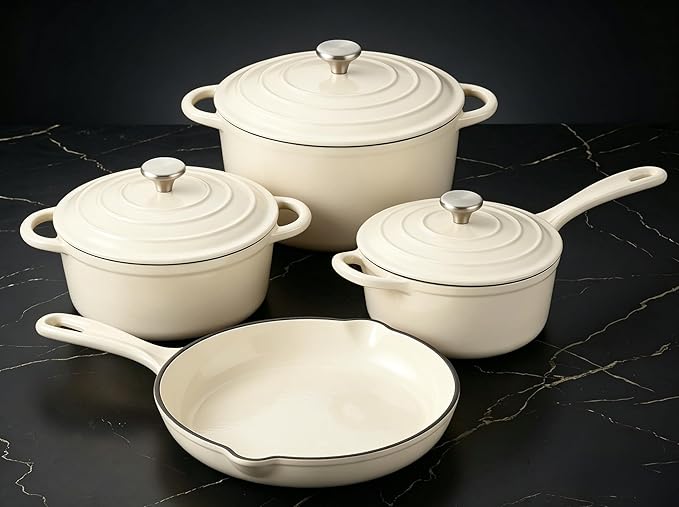 QuliMetal Enameled Cast Iron Cookware Set, 4-Piece Pots and Pans Set with Lids, 10.25" Skillet, 2QT Saucepan, 2.8QT & 4.8QT Dutch Ovens, Oven Safe to 500°F, All Stovetops Compatible - Cream White