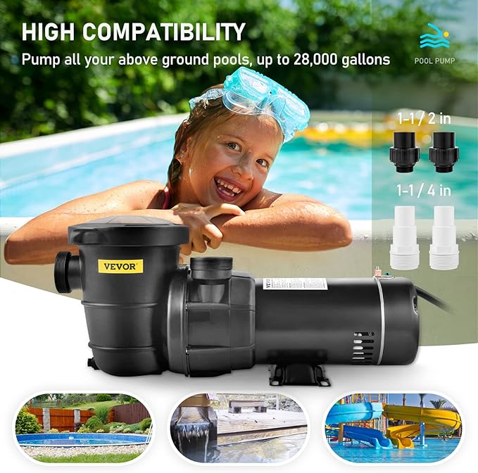 VEVOR 1.5HP Single Speed Above Ground Pool Pump 88 GPM 115V