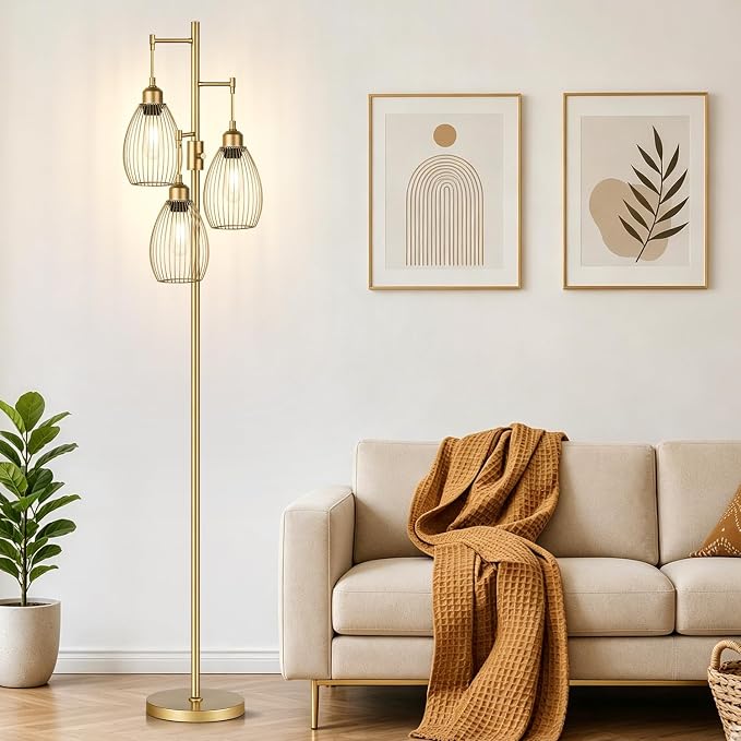 Dimmable Floor Lamp, 3 x 800LM LED Edison Bulbs Included, Farmhouse Industrial Floor Lamp Standing Tree Lamp with Elegant Teardrop Cage Head Tall Lamp for Living Room Bedroom Office Dining Room - Gold