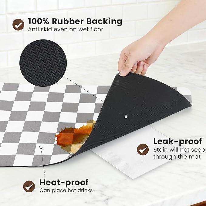 12" x 20" Checkered Dish Drying Mat for Kitchen Counter, Absorbent Coffee Bar Mat for Espresso Machine Coffee Countertops Accessories, Grey