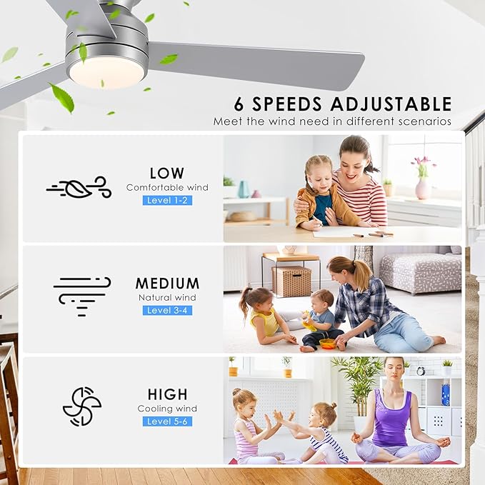 Asyko 46" Silver Low Profile Ceiling Fan with Light and Remote,Modern Flush Mount Ceiling Fans for Bedroom, Living Room, 6 Speeds, Dimmable, Timer, Quiet Reversible